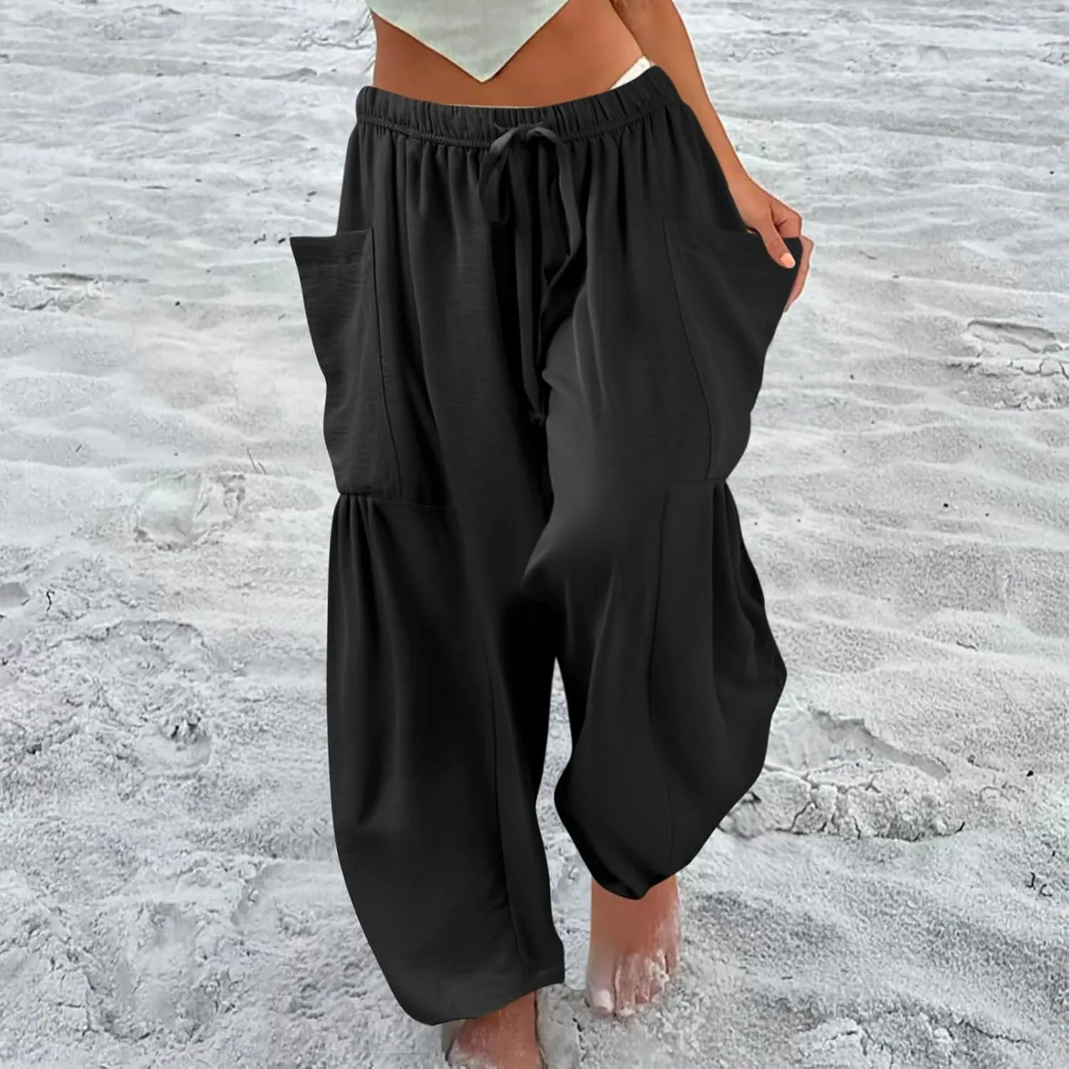 Womens Summer Pants High Waisted Drawstring Pants Wide Leg Casual Loose Baggy Beach Palazzo Trousers with Pockets