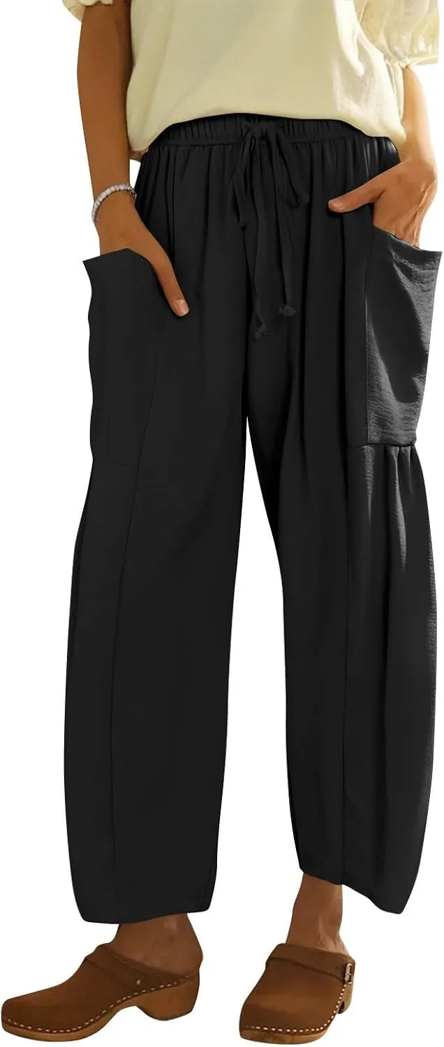 Womens Summer Pants High Waisted Drawstring Pants Wide Leg Casual Loose Baggy Beach Palazzo Trousers with Pockets