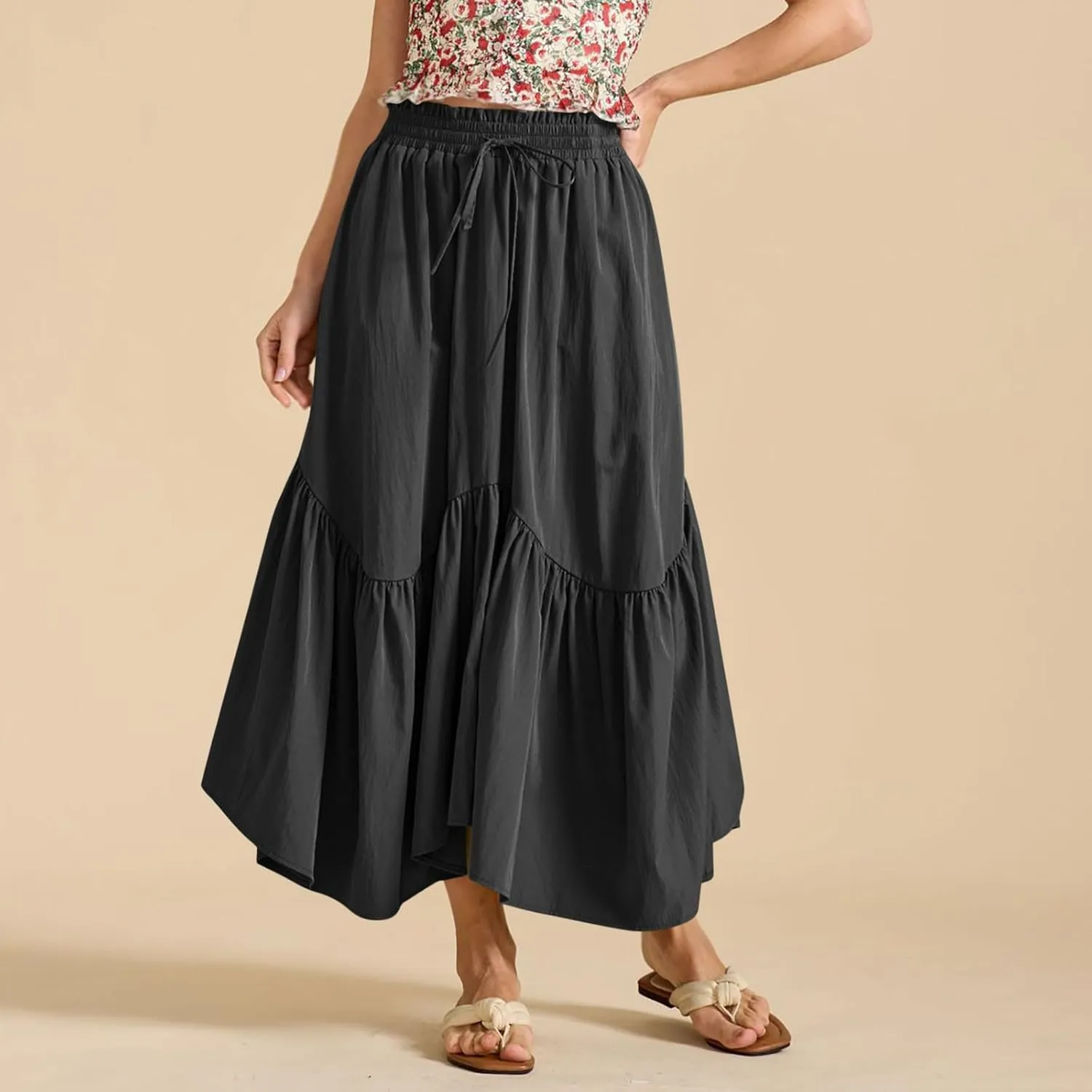 Womens Summer Vacation Beach Maxi Skirts Elastic High Waist Tiered Skirt A Line Ruffle Swing Long Dress