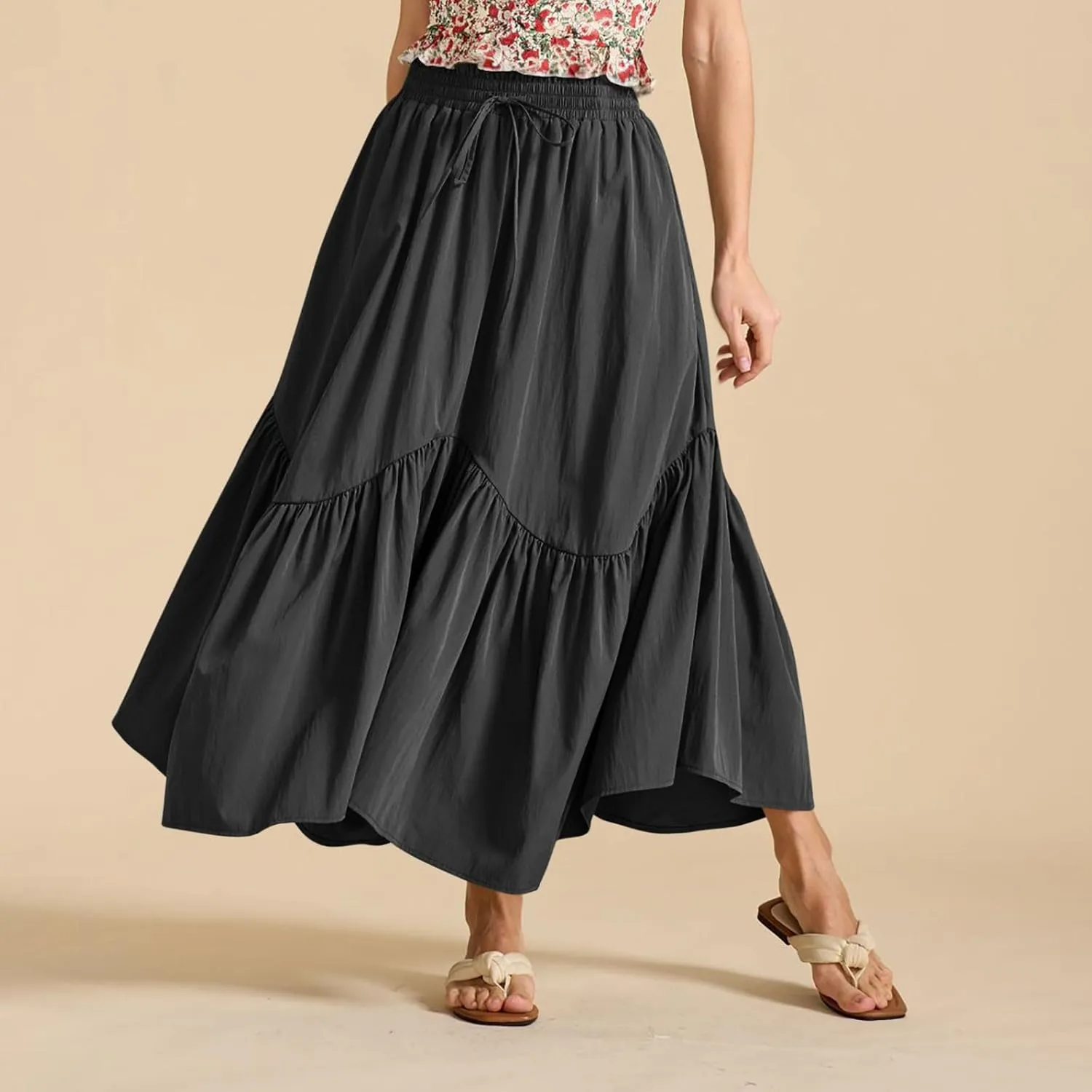 Womens Summer Vacation Beach Maxi Skirts Elastic High Waist Tiered Skirt A Line Ruffle Swing Long Dress