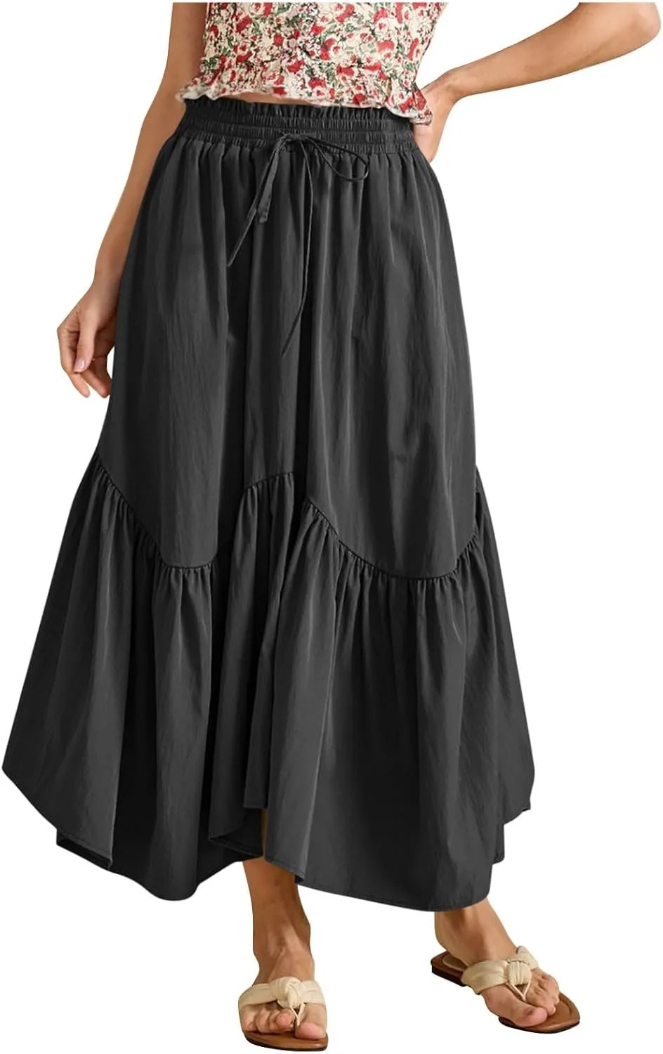 Womens Summer Vacation Beach Maxi Skirts Elastic High Waist Tiered Skirt A Line Ruffle Swing Long Dress