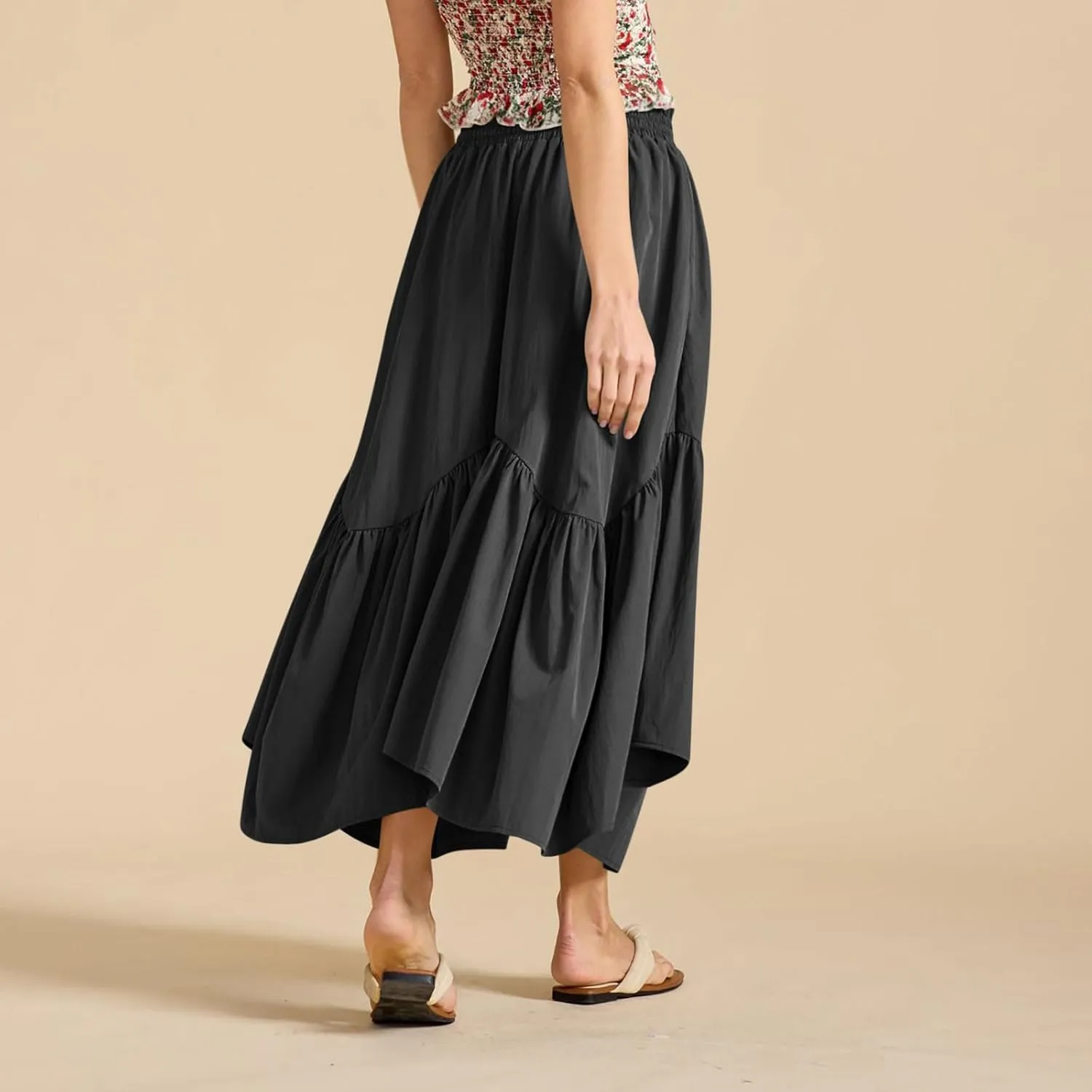 Womens Summer Vacation Beach Maxi Skirts Elastic High Waist Tiered Skirt A Line Ruffle Swing Long Dress