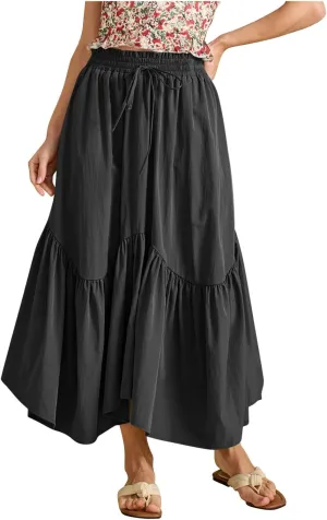 Womens Summer Vacation Beach Maxi Skirts Elastic High Waist Tiered Skirt A Line Ruffle Swing Long Dress