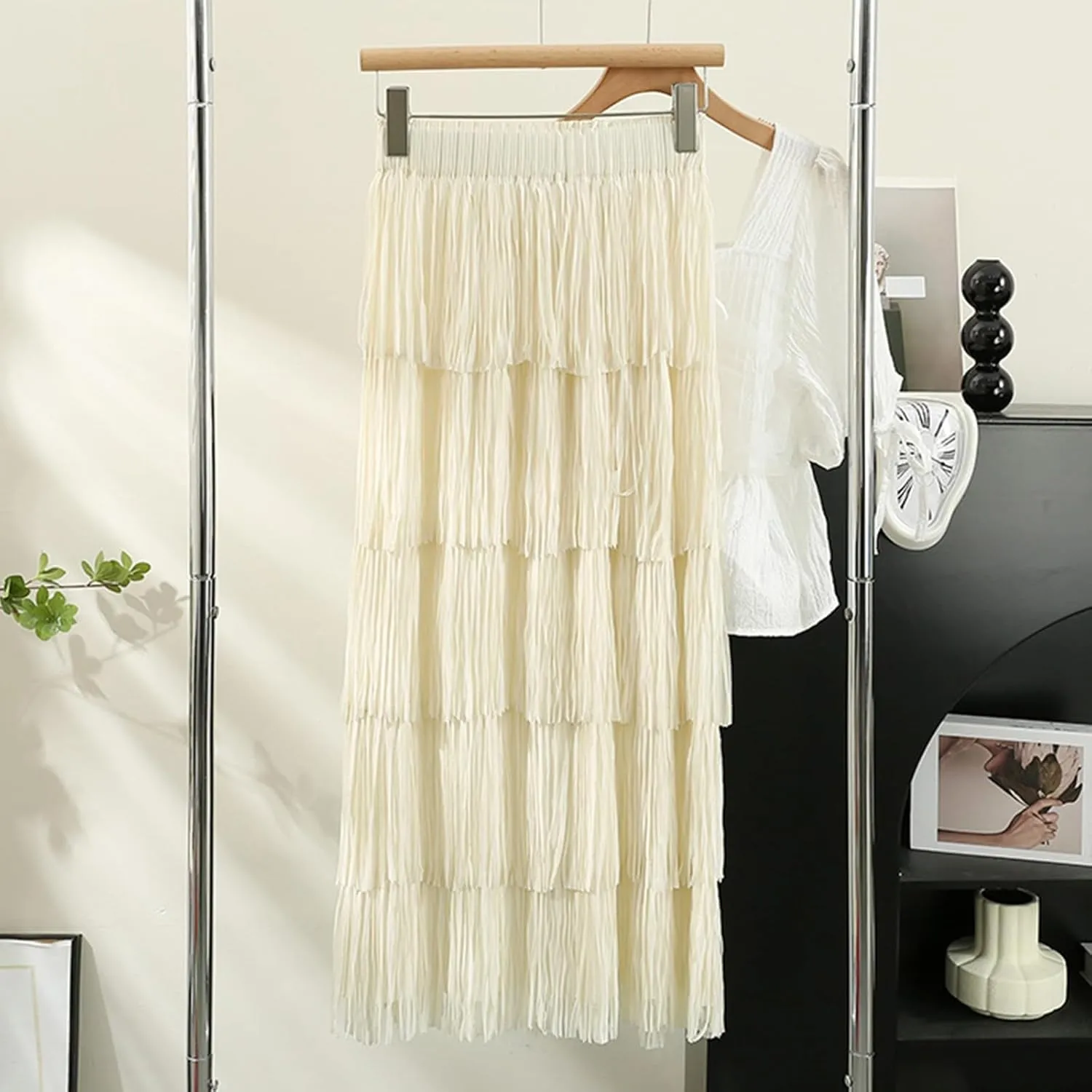 Women's Tassel High Waist Midi Skirts Solid Color Elegant Tiered Skirt Trendy A-Line Skirts Party Ankle Length Skirt