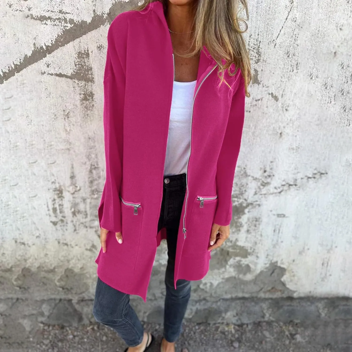 Women's Trench Coat Elegant Plain Long Sleeve Zip Up Winter Jacket Lapel Fuzzy Fleece Casual Solid Color Jackets