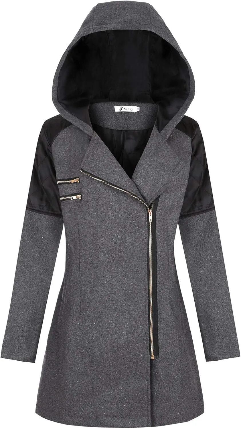 Womens Trench Coats Side Zipper Hoodie Jackets Plus Size Wool-Blend Notch Lapel Parka Asymmetrical Moto Jacket