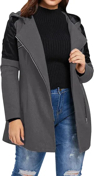 Womens Trench Coats Side Zipper Hoodie Jackets Plus Size Wool-Blend Notch Lapel Parka Asymmetrical Moto Jacket