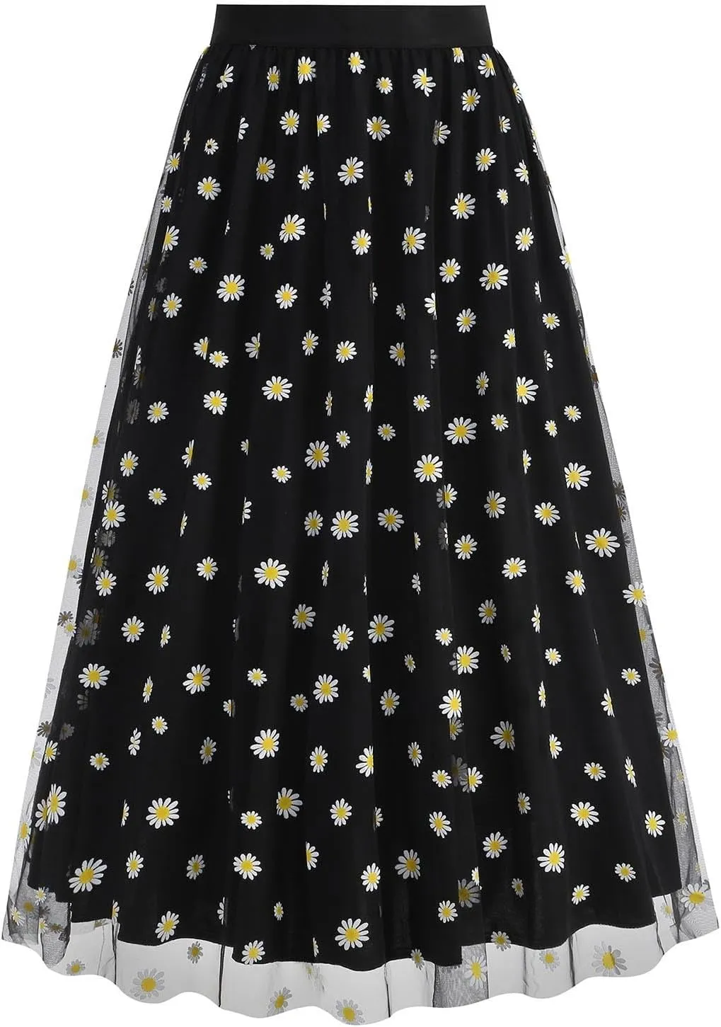 Women's Tulle A-Line Layered Mesh Midi Skirt Fashion Summer Boho Floral Maxi Skirts High Waisted Pleated Long Skirt