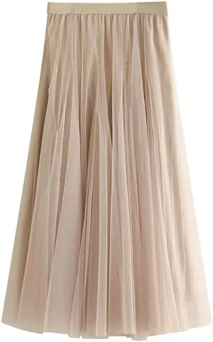 Womens Tulle Midi Long Skirts, Elastic High Waist Pleated Mesh Flowy A-Line Long Tutu Fairy Skirt