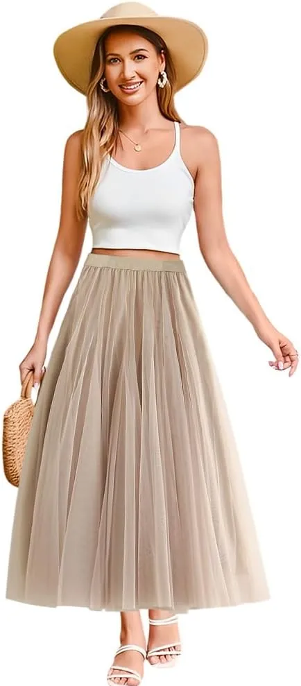 Womens Tulle Midi Long Skirts, Elastic High Waist Pleated Mesh Flowy A-Line Long Tutu Fairy Skirt