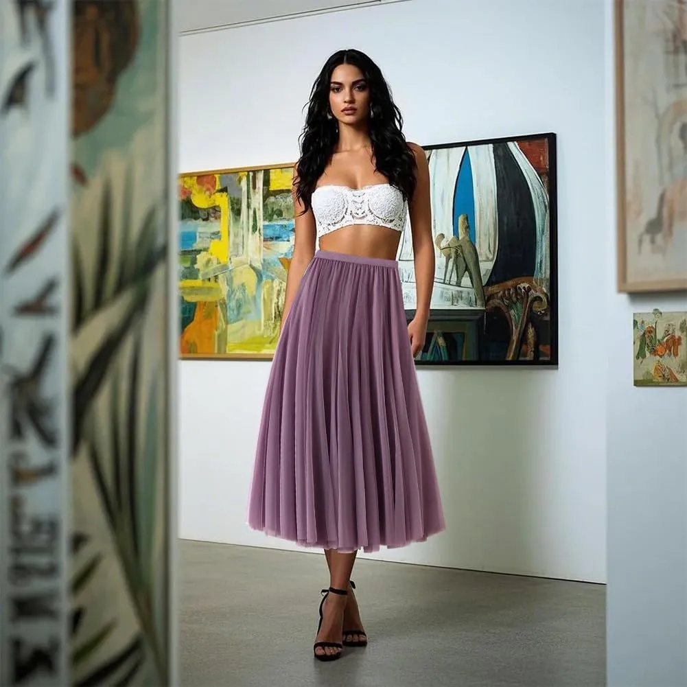 Womens Tulle Midi Long Skirts, Elastic High Waist Pleated Mesh Flowy A-Line Long Tutu Fairy Skirt