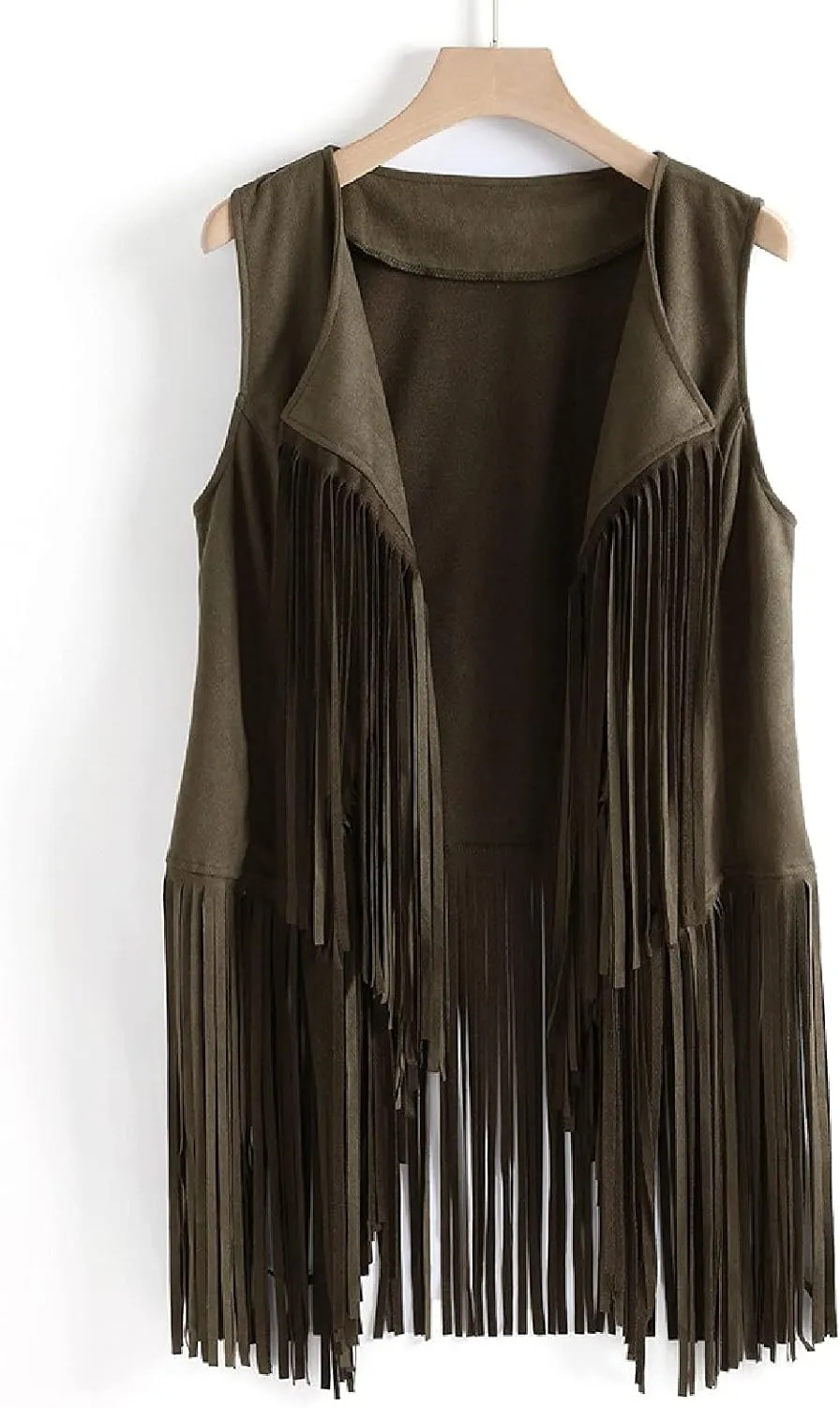Women's Vintage Fringe Vest Classic Western Suede Leather Tassel Sleeveless Tops Ethnic Tank Cardigan Jacket Shirt