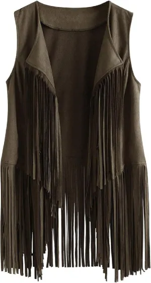 Women's Vintage Fringe Vest Classic Western Suede Leather Tassel Sleeveless Tops Ethnic Tank Cardigan Jacket Shirt