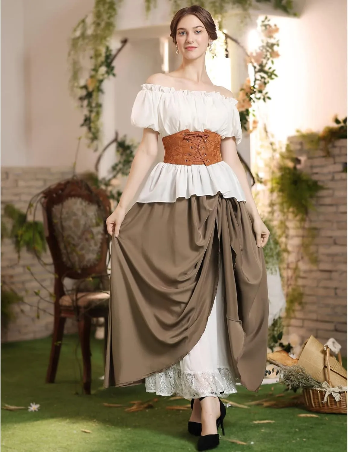 Women's Vintage Maxi Long Skirt Double-Layer Victorian Renaissance Skirts