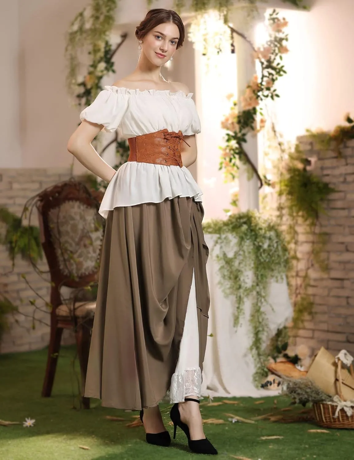 Women's Vintage Maxi Long Skirt Double-Layer Victorian Renaissance Skirts