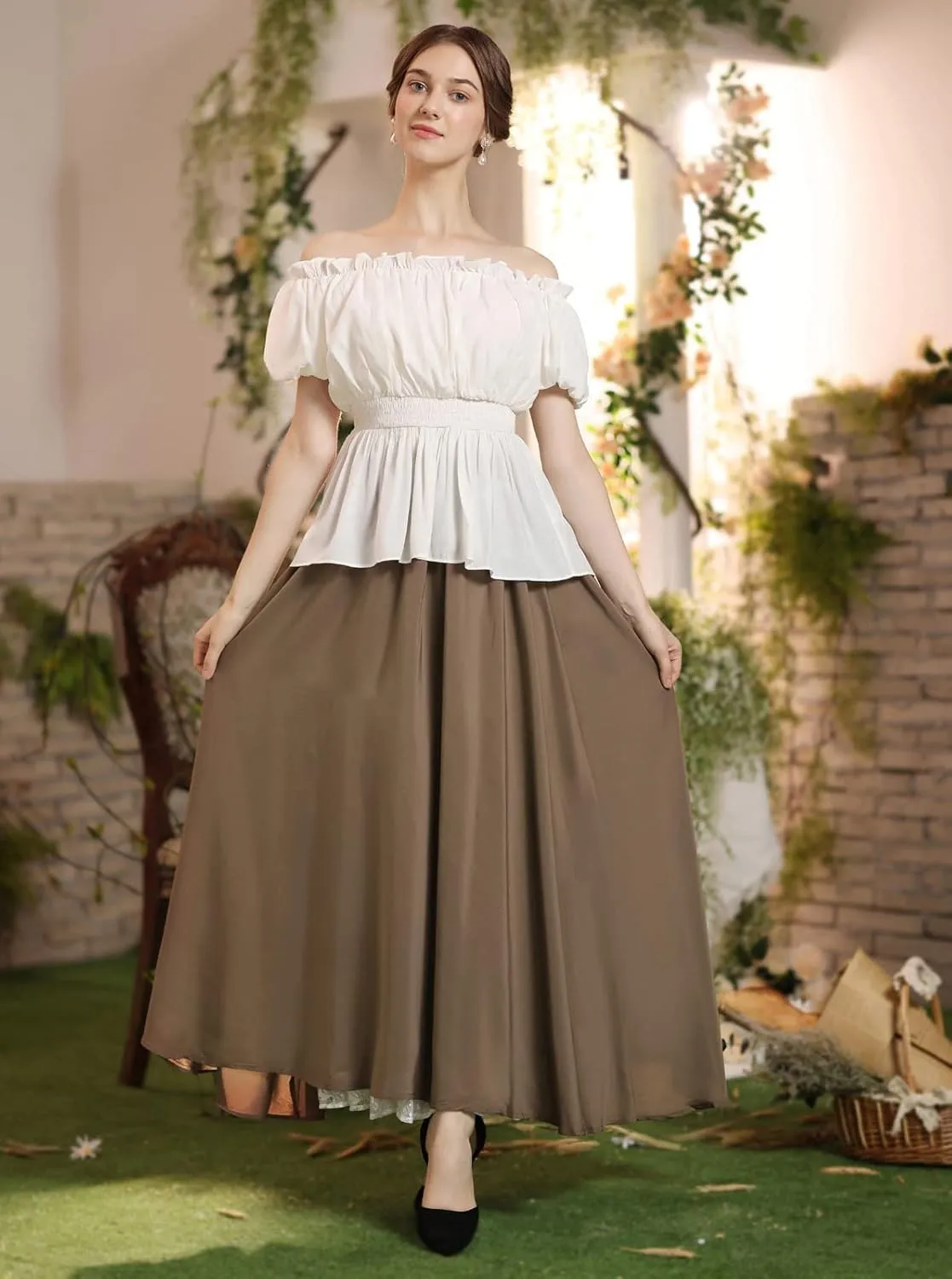 Women's Vintage Maxi Long Skirt Double-Layer Victorian Renaissance Skirts