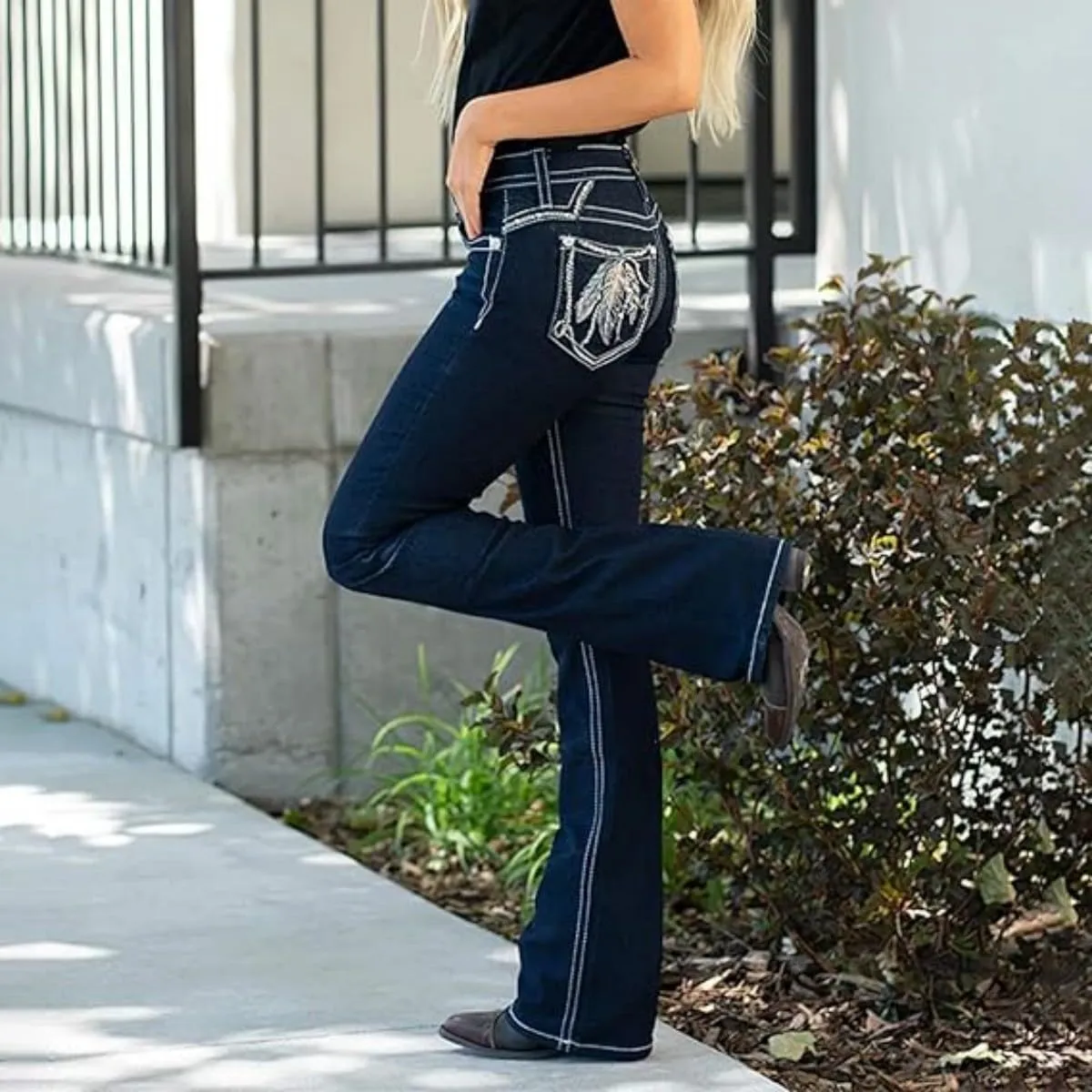 Women's Vintage Stretchy Bootcut Jeans High Waisted Feather Embroidery Jeans Slim Wide Leg Denim Pants