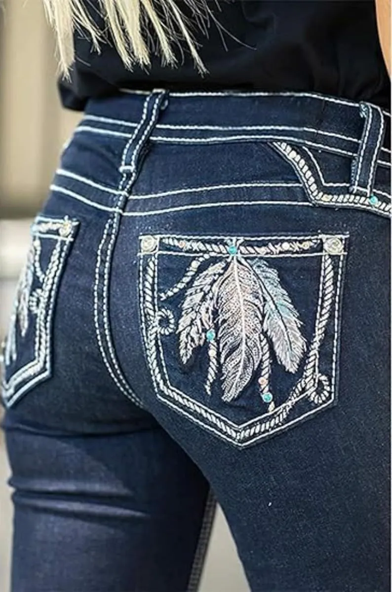 Women's Vintage Stretchy Bootcut Jeans High Waisted Feather Embroidery Jeans Slim Wide Leg Denim Pants