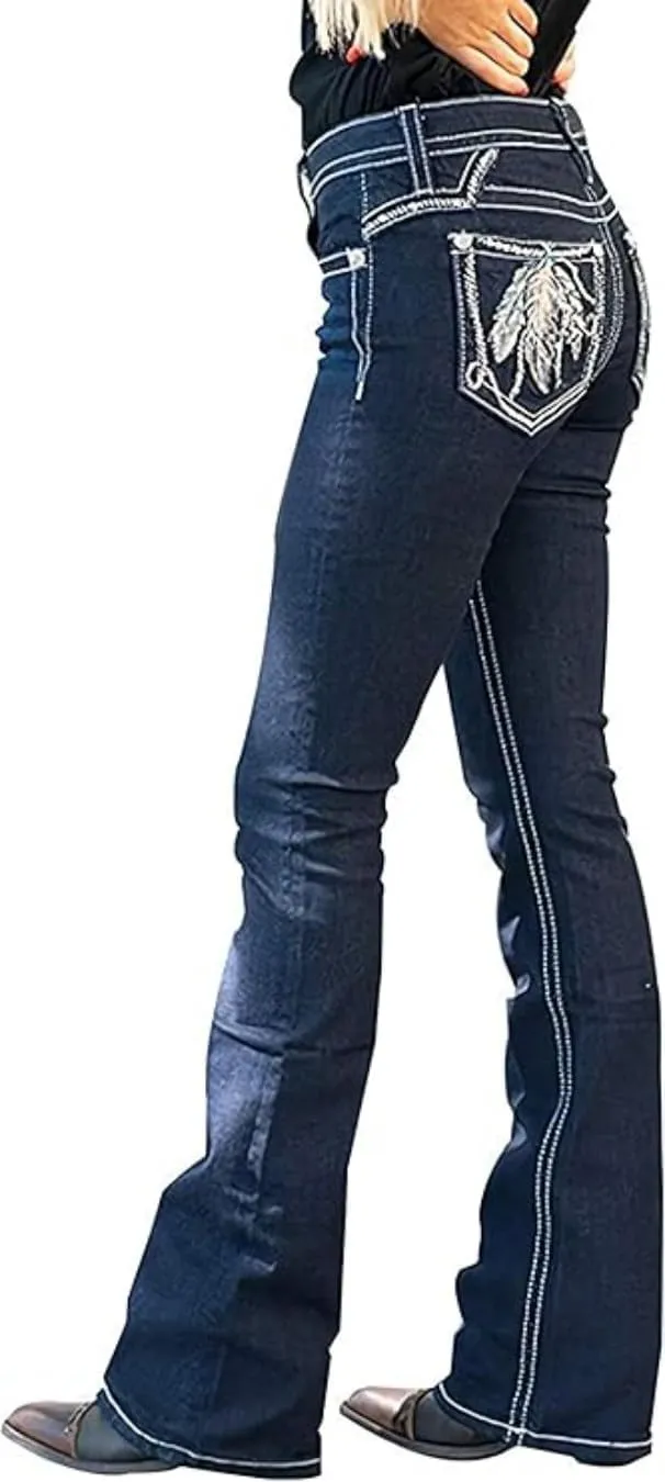 Women's Vintage Stretchy Bootcut Jeans High Waisted Feather Embroidery Jeans Slim Wide Leg Denim Pants