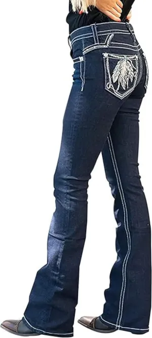 Women's Vintage Stretchy Bootcut Jeans High Waisted Feather Embroidery Jeans Slim Wide Leg Denim Pants