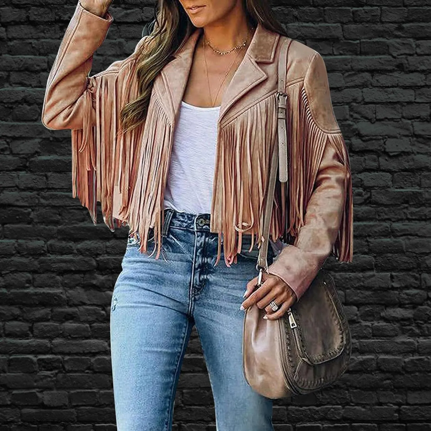 Womens Vintage Tassel Cropped Motor Biker Faux Suede Jackets Long Sleeve Hippie Boho Western Cowgirl Fringe Coat Outwear