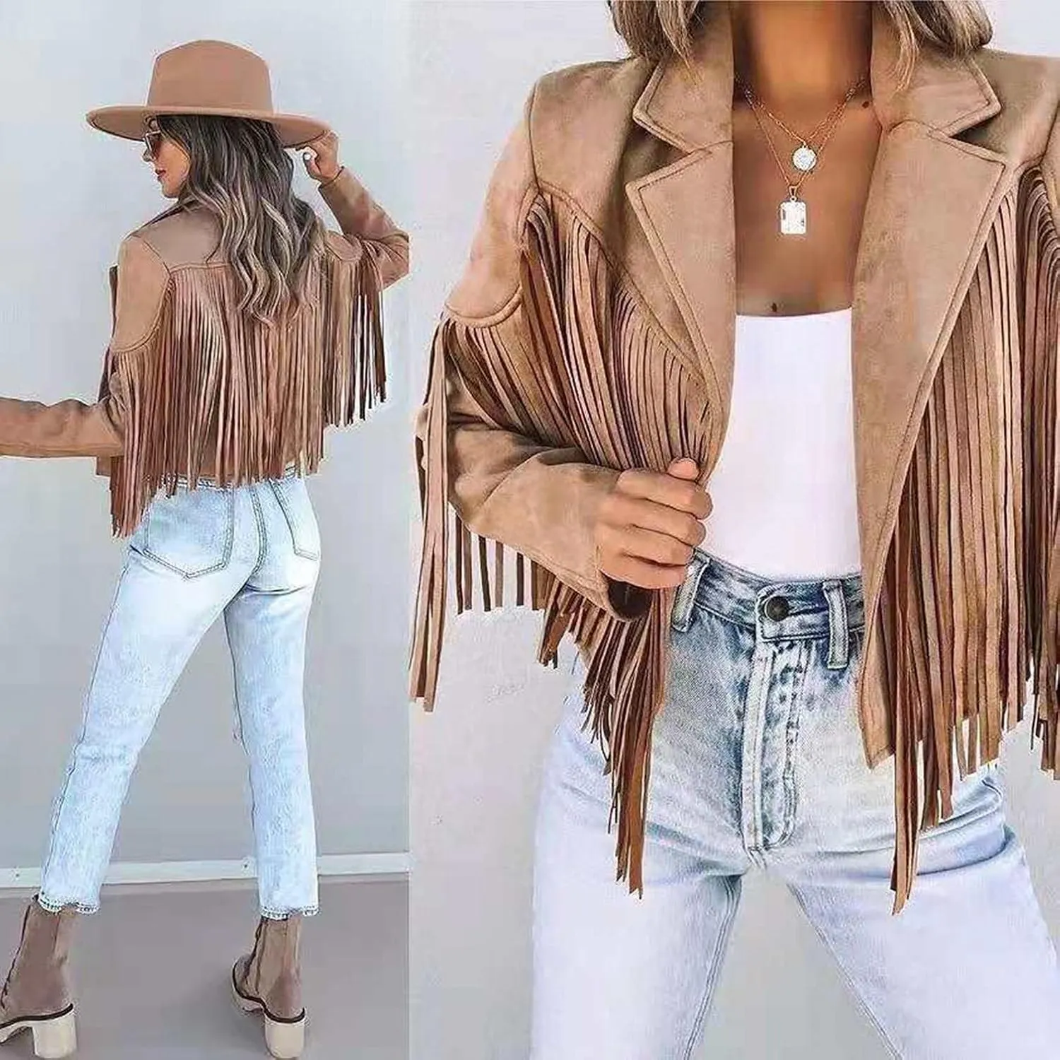 Womens Vintage Tassel Cropped Motor Biker Faux Suede Jackets Long Sleeve Hippie Boho Western Cowgirl Fringe Coat Outwear