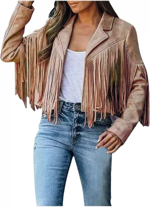 Womens Vintage Tassel Cropped Motor Biker Faux Suede Jackets Long Sleeve Hippie Boho Western Cowgirl Fringe Coat Outwear