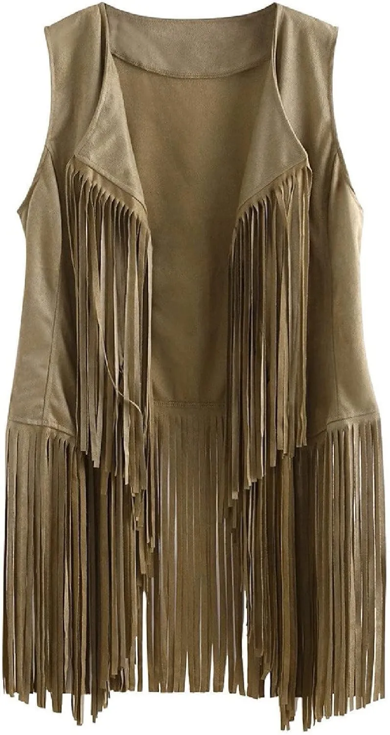 Womens Vintage Western Fringe Vest Tops 70s Hippie Costume Sleeveless Cowgirl Cowboy Faux Suede Tassel Shirt