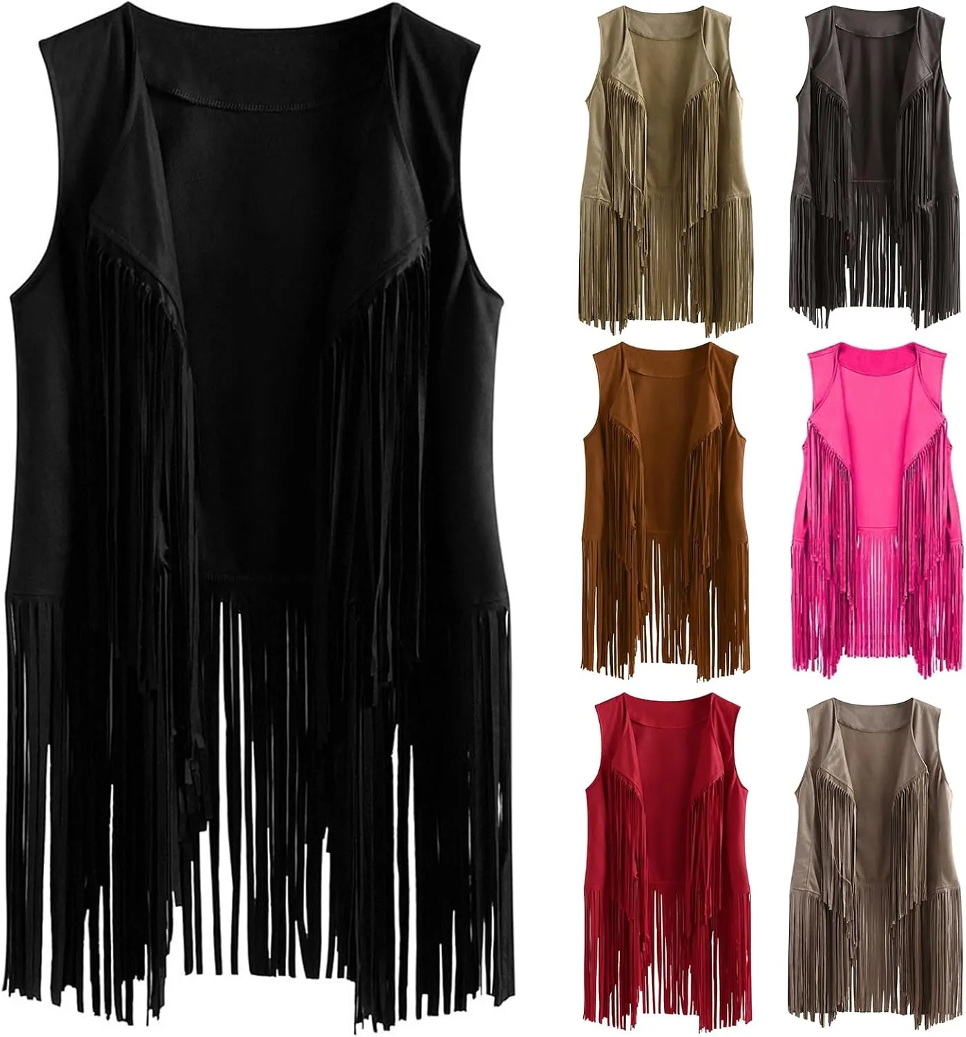 Womens Vintage Western Fringe Vest Tops 70s Hippie Costume Sleeveless Cowgirl Cowboy Faux Suede Tassel Shirt