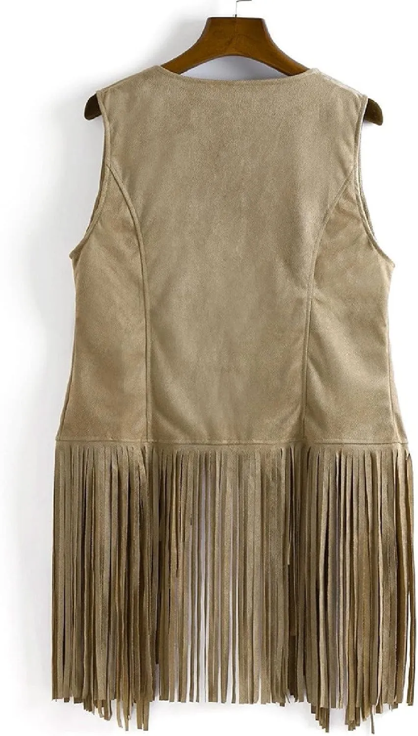Womens Vintage Western Fringe Vest Tops 70s Hippie Costume Sleeveless Cowgirl Cowboy Faux Suede Tassel Shirt