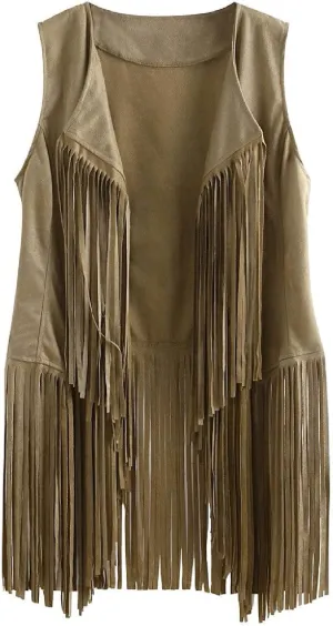 Womens Vintage Western Fringe Vest Tops 70s Hippie Costume Sleeveless Cowgirl Cowboy Faux Suede Tassel Shirt