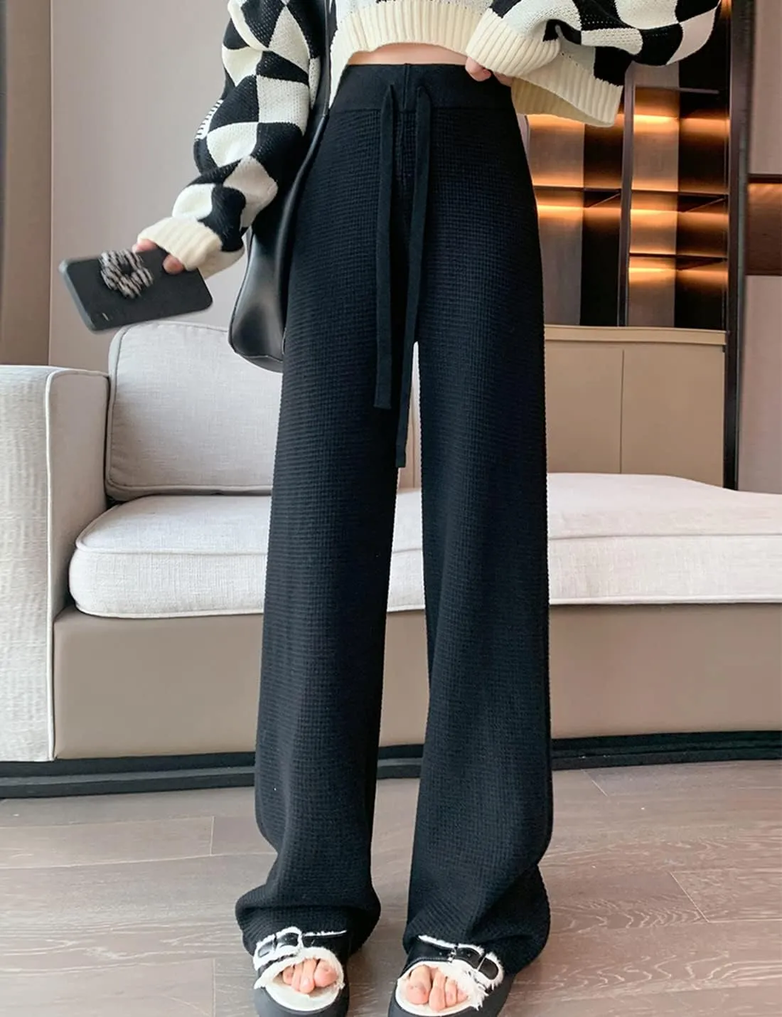 Womens Waffle Knit Lounge Wide Leg Pants High Elastic Waist Flowy Sweater Pants with Drawstring