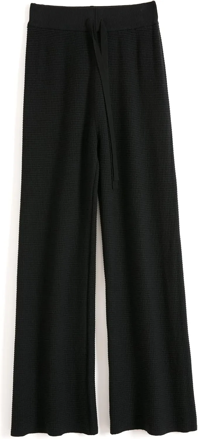 Womens Waffle Knit Lounge Wide Leg Pants High Elastic Waist Flowy Sweater Pants with Drawstring