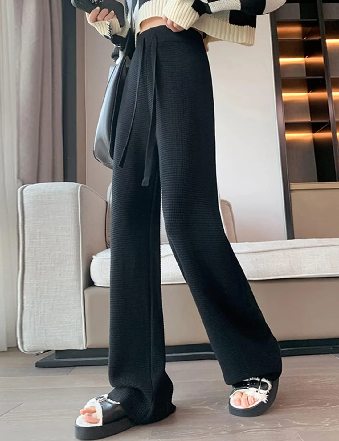 Womens Waffle Knit Lounge Wide Leg Pants High Elastic Waist Flowy Sweater Pants with Drawstring