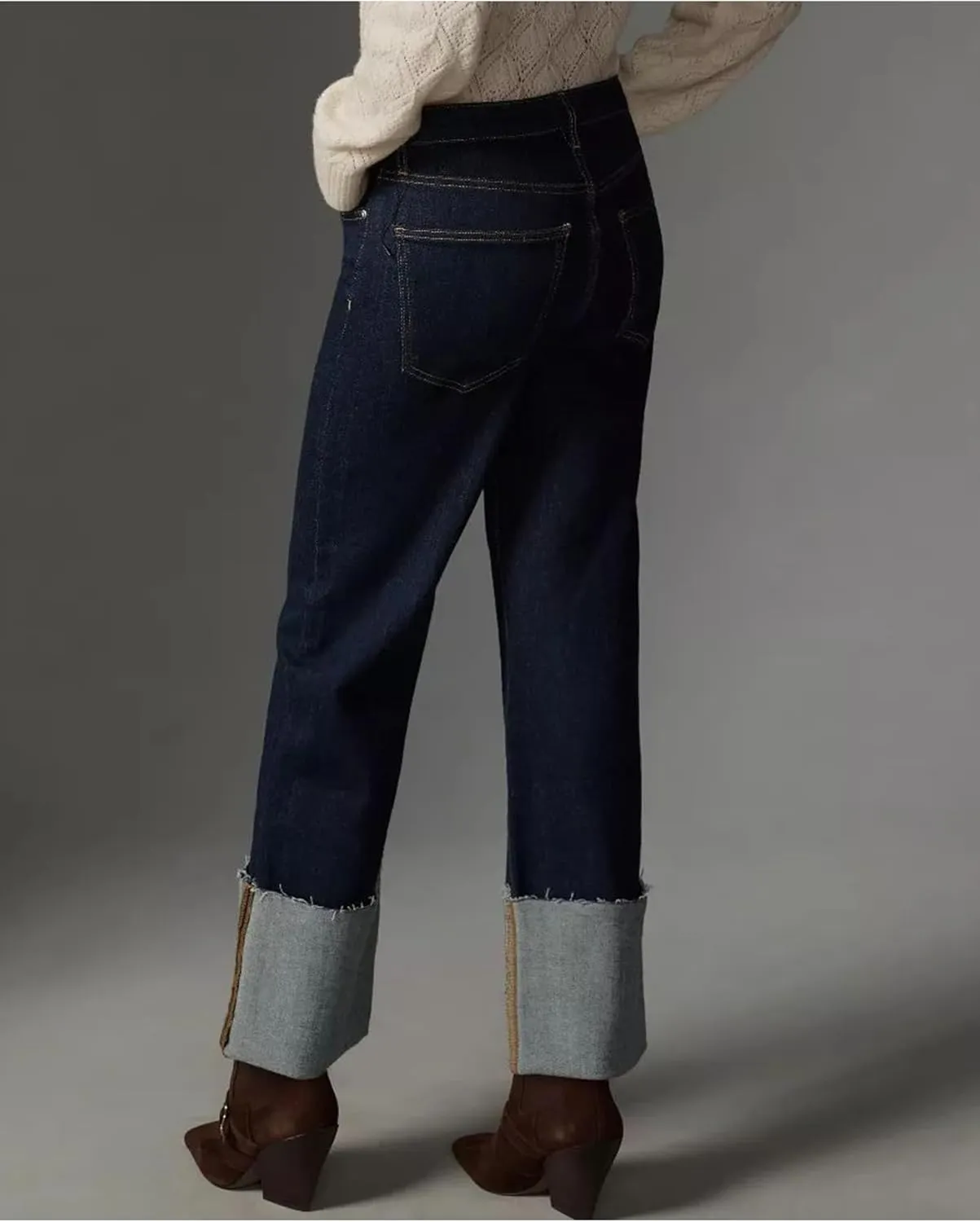 Women's Wide Cuff Jeans High Rise Straight Leg Cropped Jeans Casual Boyfriend Denim Pants