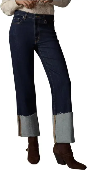 Women's Wide Cuff Jeans High Rise Straight Leg Cropped Jeans Casual Boyfriend Denim Pants