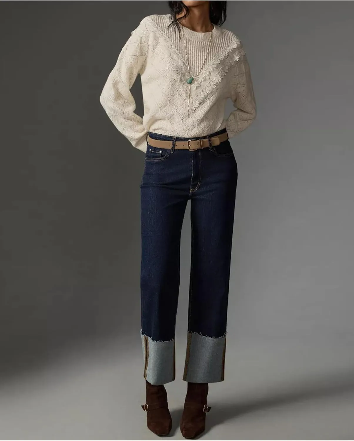 Women's Wide Cuff Jeans High Rise Straight Leg Cropped Jeans Casual Boyfriend Denim Pants