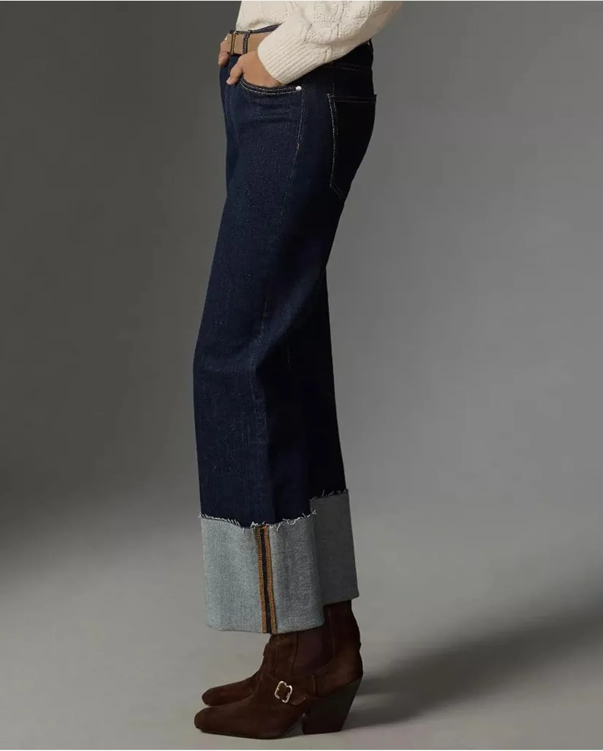 Women's Wide Cuff Jeans High Rise Straight Leg Cropped Jeans Casual Boyfriend Denim Pants