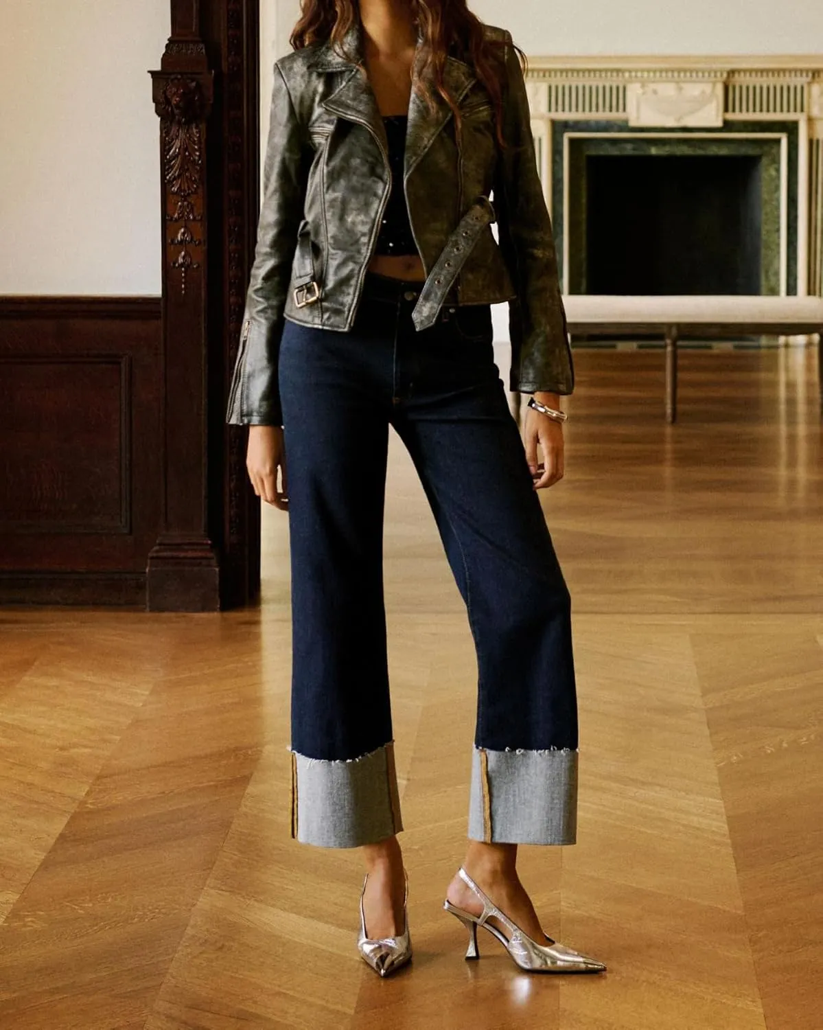 Women's Wide Cuff Jeans High Rise Straight Leg Cropped Jeans Casual Boyfriend Denim Pants
