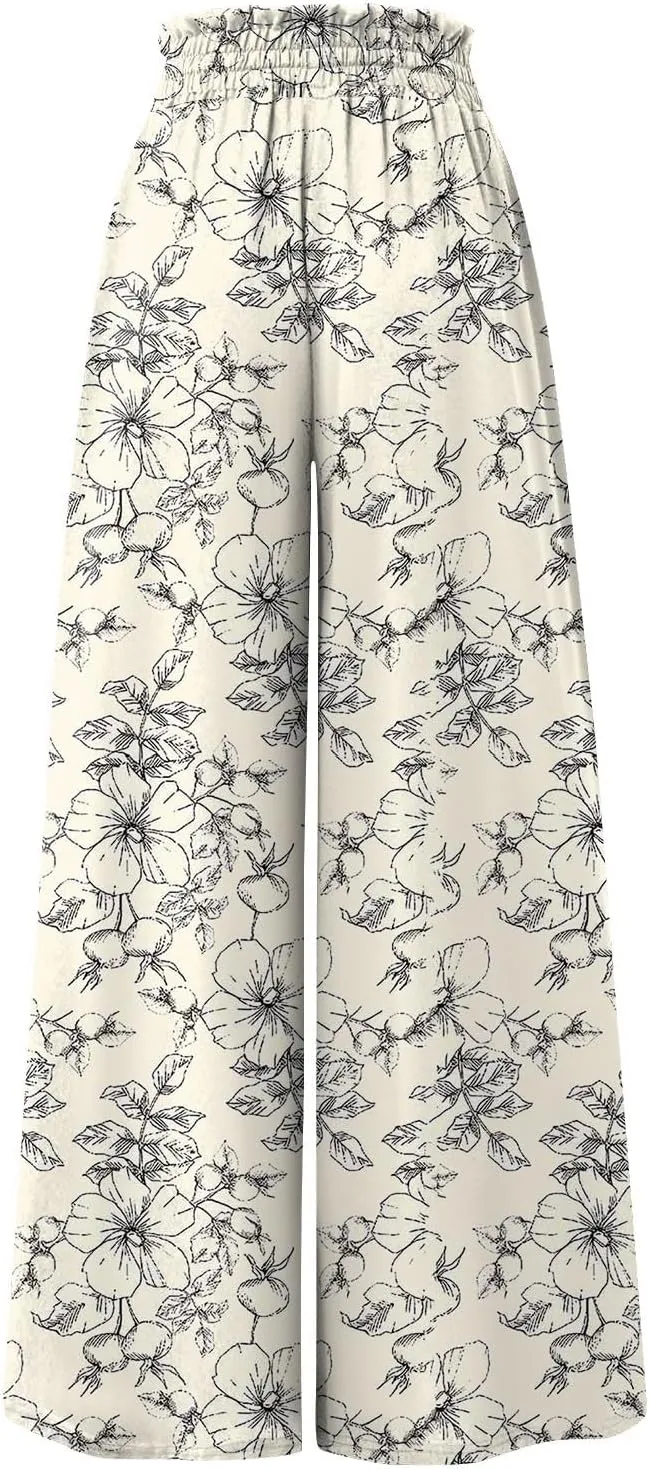 Womens Wide Leg Boho Pants Floral Solid Flowy Pants Lounge Beach with Pocket Resort Wear for Women 2025 Trendy