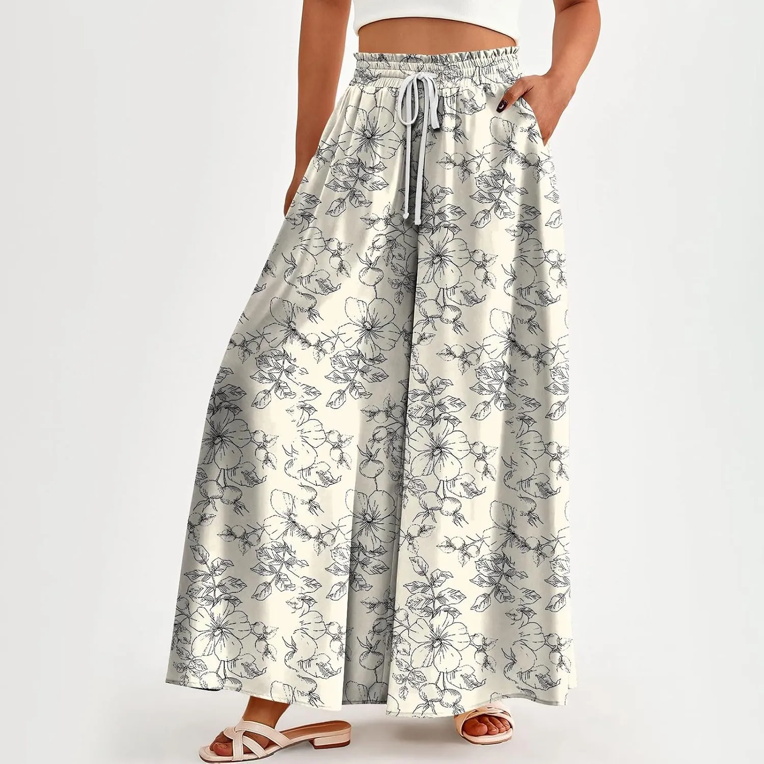 Womens Wide Leg Boho Pants Floral Solid Flowy Pants Lounge Beach with Pocket Resort Wear for Women 2025 Trendy