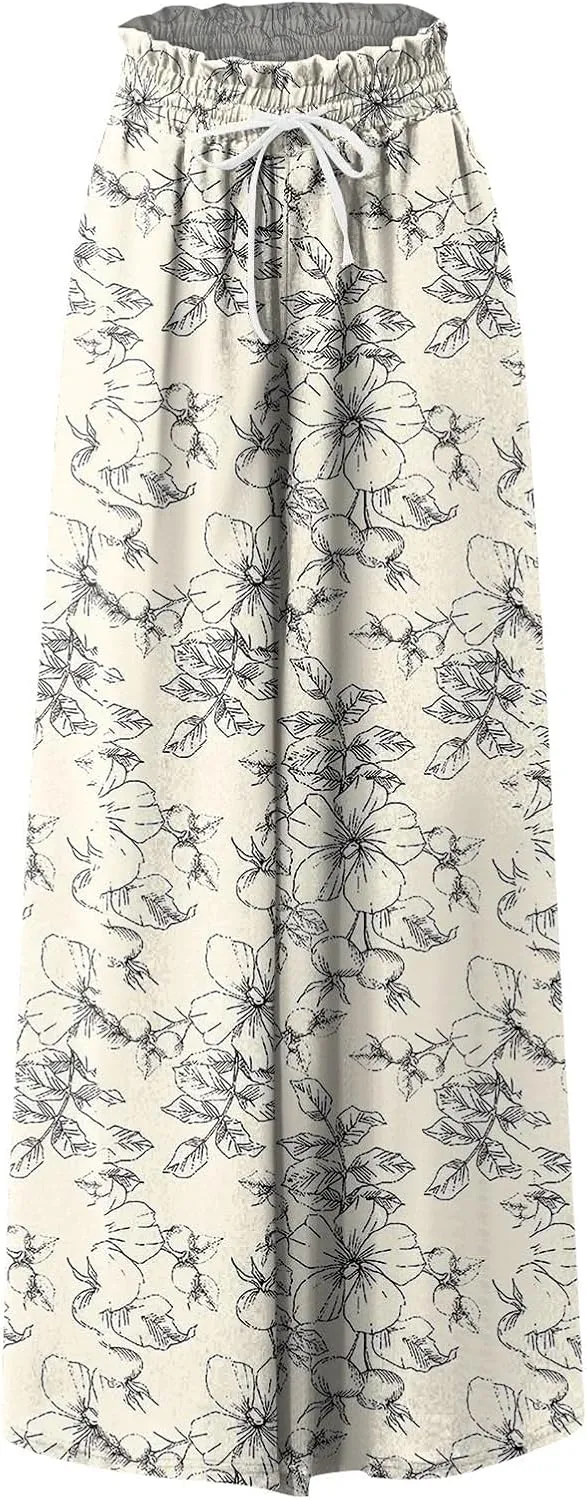 Womens Wide Leg Boho Pants Floral Solid Flowy Pants Lounge Beach with Pocket Resort Wear for Women 2025 Trendy