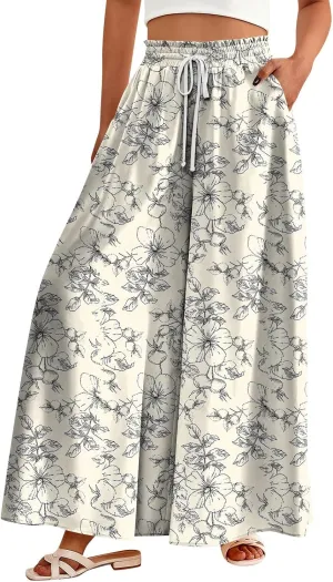 Womens Wide Leg Boho Pants Floral Solid Flowy Pants Lounge Beach with Pocket Resort Wear for Women 2025 Trendy
