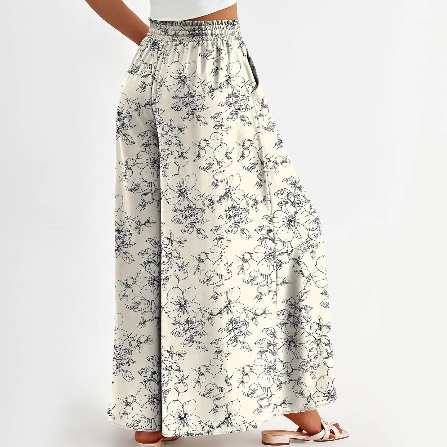 Womens Wide Leg Boho Pants Floral Solid Flowy Pants Lounge Beach with Pocket Resort Wear for Women 2025 Trendy