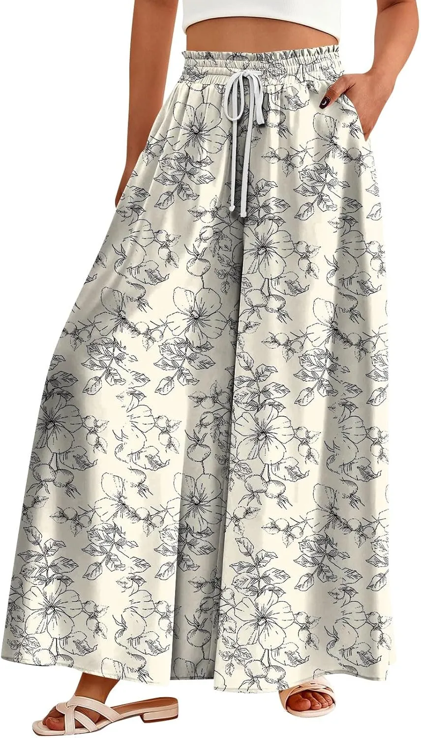 Womens Wide Leg Boho Pants Floral Solid Flowy Pants Lounge Beach with Pocket Resort Wear for Women 2025 Trendy