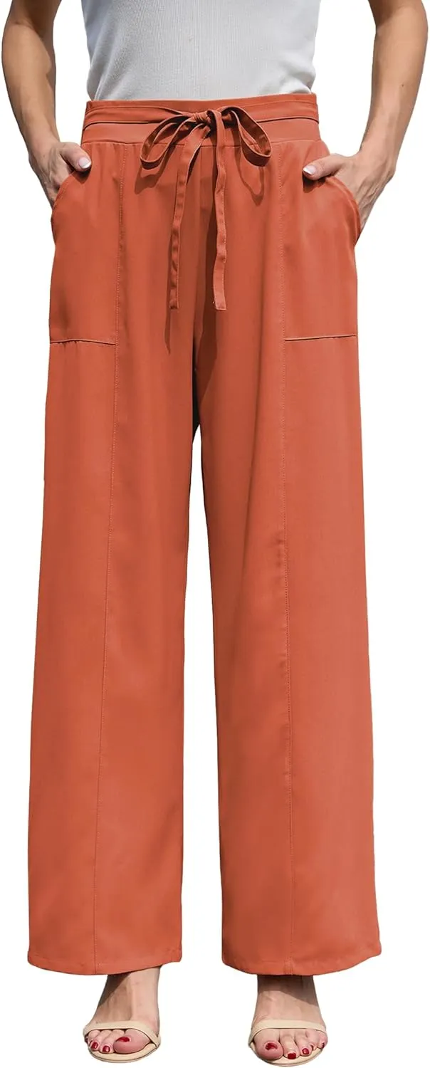 Women's Wide Leg Pants High Waisted Adjustable Tie Knot Loose Trousers Business Work Casual Pants with Pockets