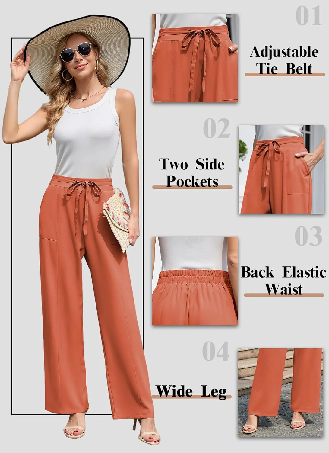 Women's Wide Leg Pants High Waisted Adjustable Tie Knot Loose Trousers Business Work Casual Pants with Pockets
