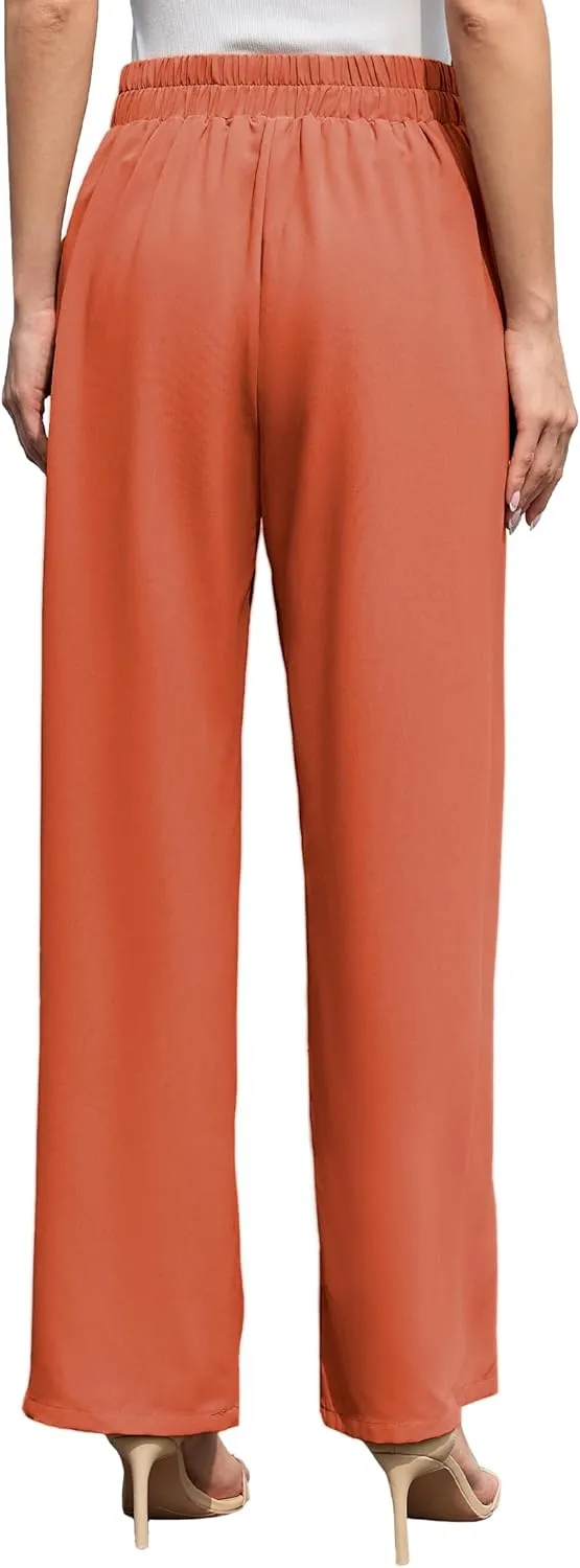 Women's Wide Leg Pants High Waisted Adjustable Tie Knot Loose Trousers Business Work Casual Pants with Pockets