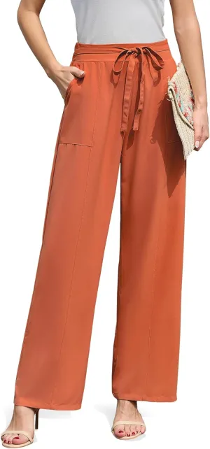 Women's Wide Leg Pants High Waisted Adjustable Tie Knot Loose Trousers Business Work Casual Pants with Pockets