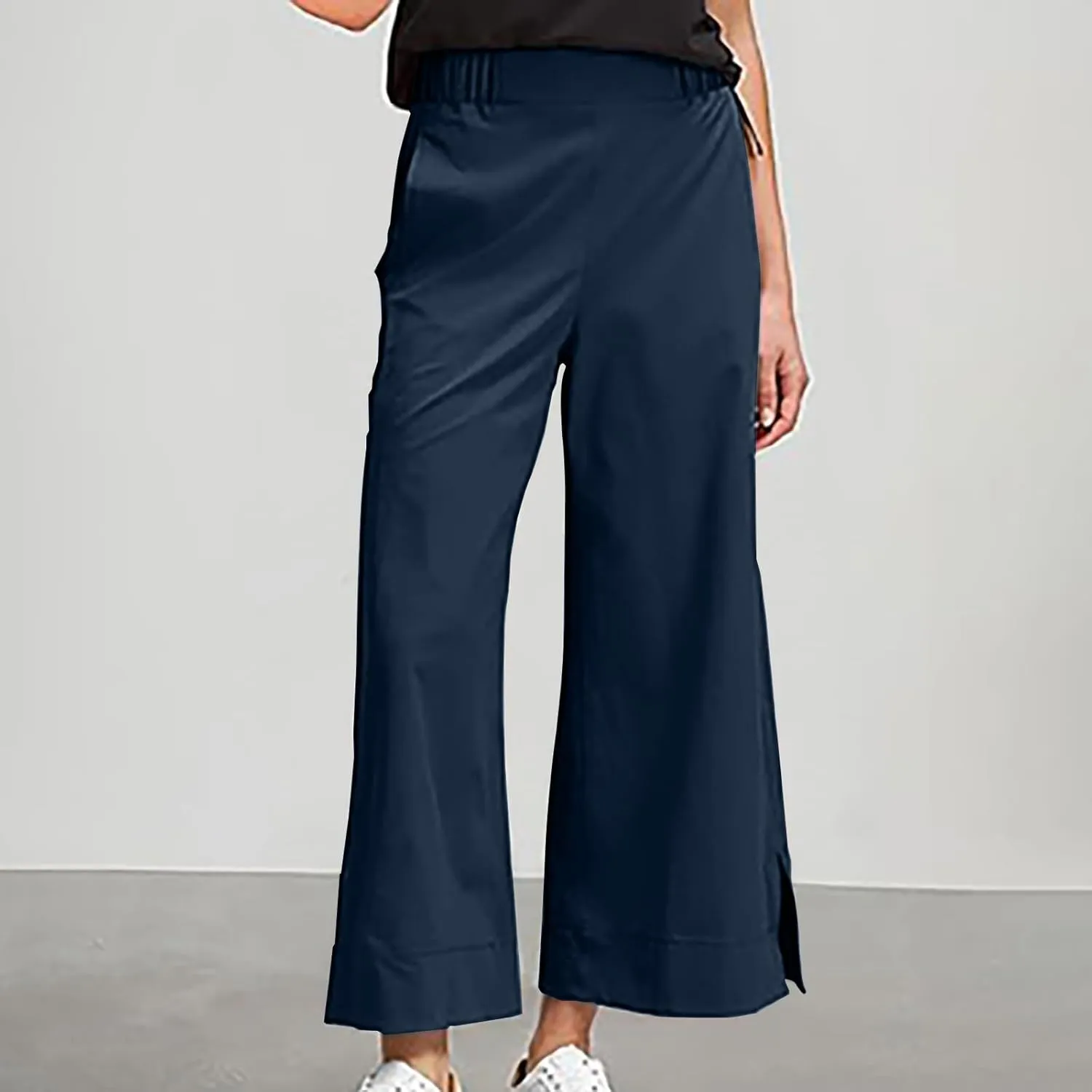 Women's Wide Leg Pants with Pockets High Waist Casual Linen Pants Plus Size Summer Comfy Pull on Straight Leg Trousers